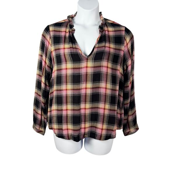 Cloth & Stone for Anthropologie Top Large Soft Flannel Plaid Ruffle Trim Charley - Picture 1 of 16
